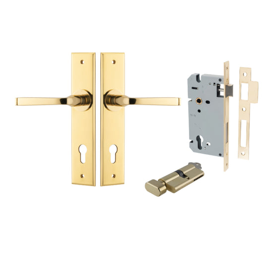Door Lever Annecy Chamfered Euro Pair Polished Brass CTC85mm L117xP65mm BPH240xW50mm Mortice Lock Euro Polished Brass CTC85mm Backset 60mm, Euro Cylinder Key Thumb 5 Pin Polished Brass 65mm KA4 in Polished Brass