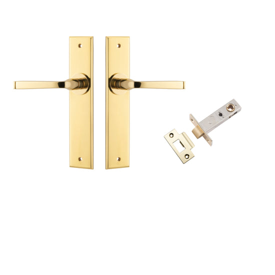 Door Lever Annecy Chamfered Polished Brass L117xP65mm BPH240xW50mm Passage Kit, Tube Latch Split Cam 'T' Striker Polished Brass Backset 60mm in Polished Brass