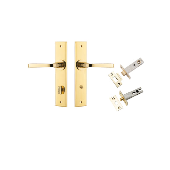 Door Lever Annecy Chamfered Privacy Polished Brass CTC85mm L117xP65mm BPH240xW50mm Privacy Kit, Tube Latch Split Cam 'T' Striker Polished Brass Backset 60mm, Privacy Bolt Round Bolt Polished Brass Backset 60mm in Polished Brass