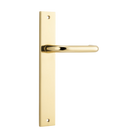 Pair of Iver Oslo Lever handles on rectangular backplates, architectural hardware for doors, with a sleek modern design.