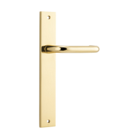 Pair of Iver Oslo Lever handles on rectangular backplates, architectural hardware for doors, with a sleek modern design.