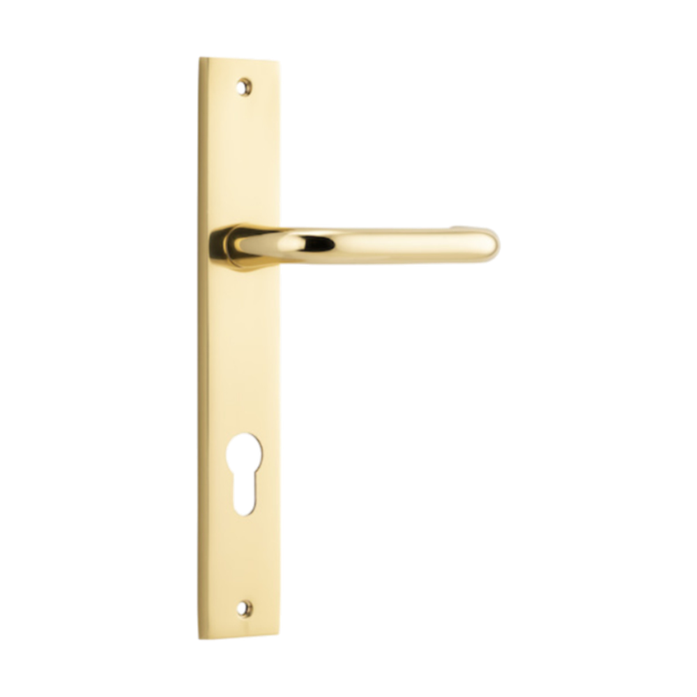 Pair of Iver Oslo Lever handles on rectangular backplates, architectural hardware for doors, in a sleek modern design.