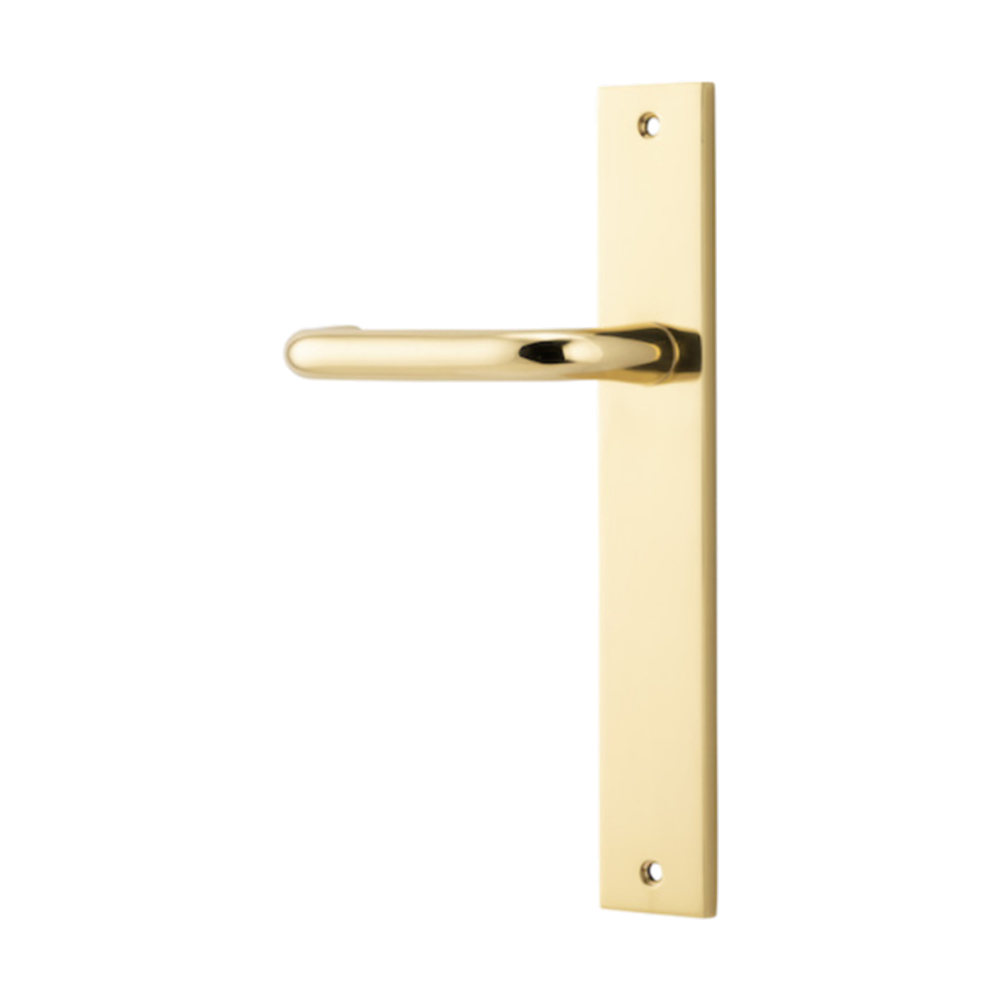 Pair of Iver Oslo Lever handles on rectangular backplates, architectural hardware for doors, shown in a natural view.