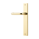 Pair of Iver Oslo Lever handles on rectangular backplates, architectural hardware for doors, shown in a natural view.