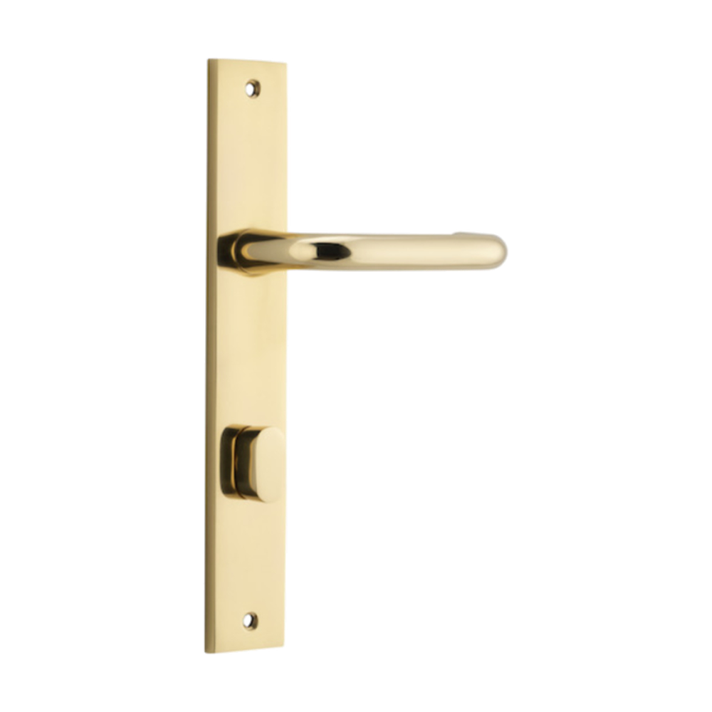 Pair of Iver Oslo Lever handles on rectangular backplates, architectural hardware for doors, with a sleek modern design.