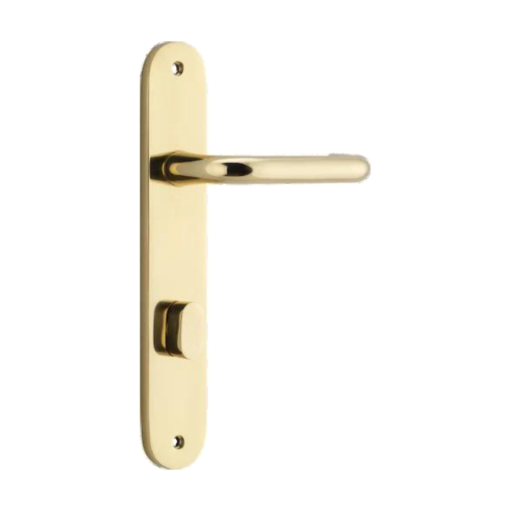 Door Lever Oslo Return Oval Privacy Polished Brass CTC85mm L118xP56mm BPH240xW50mm Privacy Kit Tube Latch Split Cam 'T' Striker Polished Brass Backset 60mm, Privacy Bolt Round Bolt Polished Brass Backset 60mm in Polished Brass