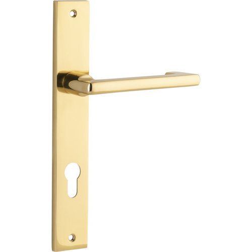 Pair of Iver Baltimore return lever door handles on rectangular backplates, showing brushed metal finish and elegant design.