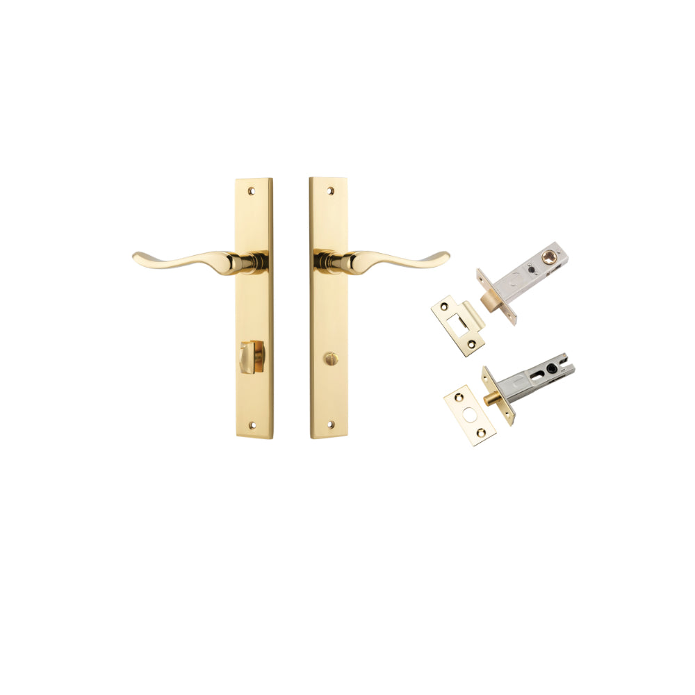 Door Lever Stirling Rectangular Privacy Pair Polished Brass CTC85mm H240xW38xP64mm Privacy Kit, Tube Latch Split Cam 'T' Striker Polished Brass Backset 60mm, Privacy Bolt Round Bolt Polished Brass Backset 60mm in Polished Brass