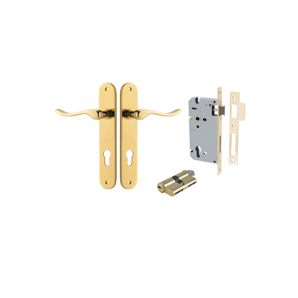 Door Lever Stirling Oval Euro Pair Polished Brass CTC85mm H240xW40xP64mm Entrance Kit Mortice Lock Euro Polished Brass CTC85mm Backset 60mm, Euro Cylinder Dual Function 5 Pin Polished Brass L65mm KA1 in Polished Brass