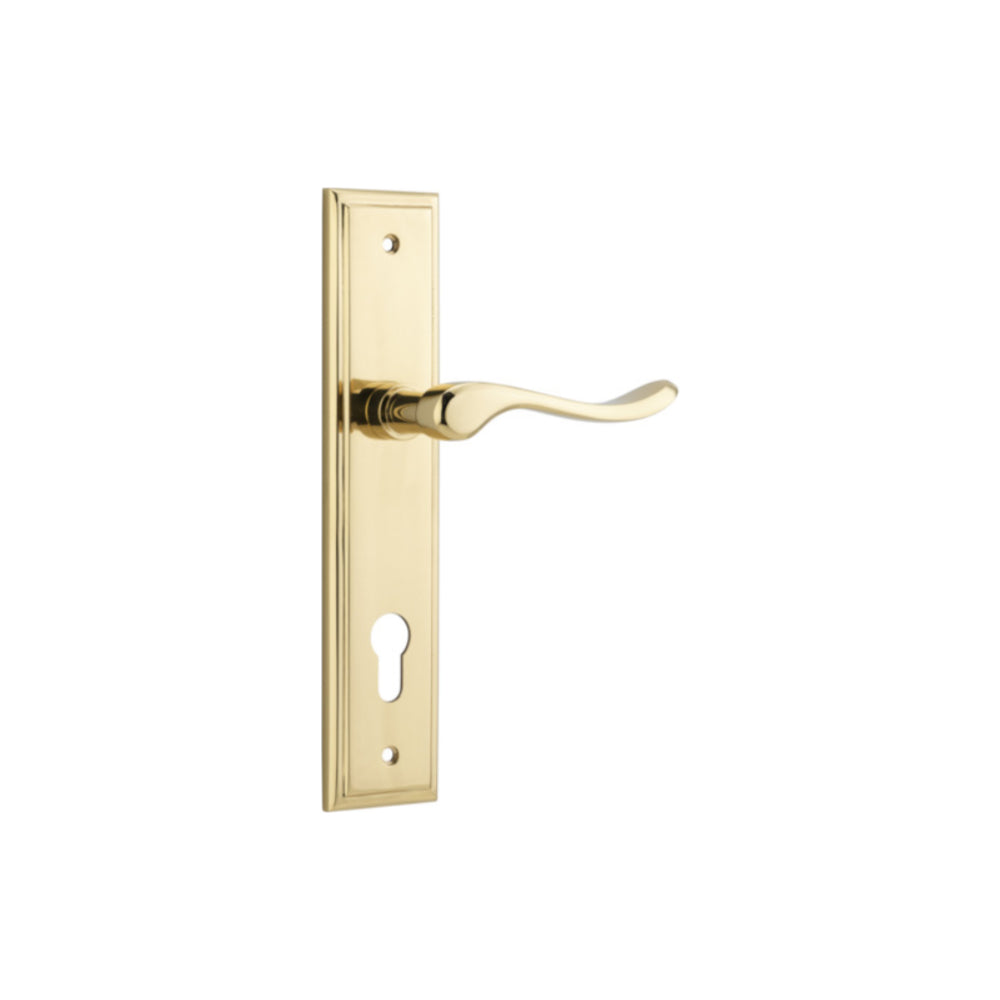 Door Lever Stirling Stepped Euro Pair Polished Brass CTC85mm H237xW50xP64mm in Polished Brass