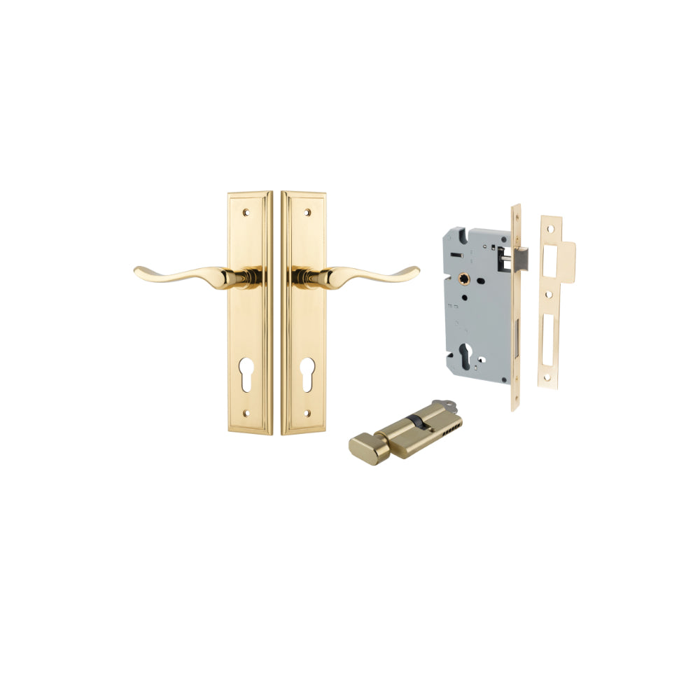 Door Lever Stirling Stepped Euro Pair Polished Brass CTC85mm H237xW50xP64mm Entrance Kit Mortice Lock Euro Polished Brass CTC85mm Backset 60mm, Euro Cylinder Key Thumb 6 Pin Polished Brass L70mm KA1 in Polished Brass