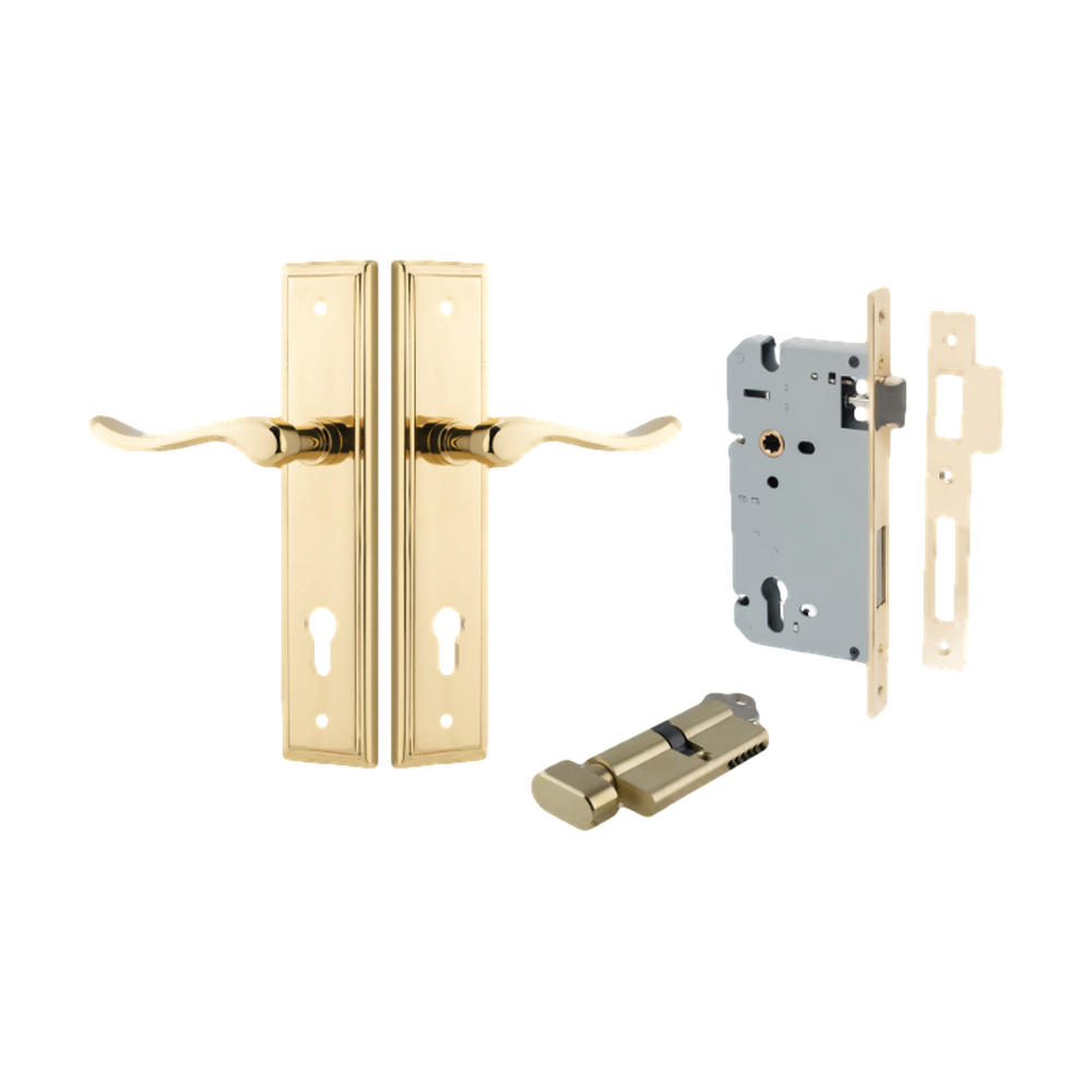 Door Lever Stirling Stepped Euro Pair Polished Brass CTC85mm H237xW50xP64mm Entrance Kit Mortice Lock Euro Polished Brass CTC85mm Backset 60mm, Euro Cylinder Key Thumb 6 Pin Polished Brass L70mm KA1 in Polished Brass