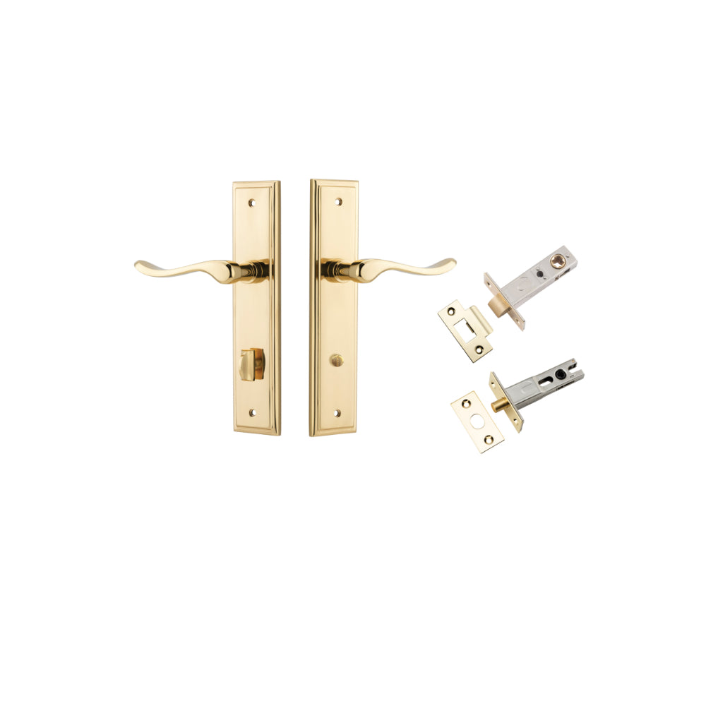 Door Lever Stirling Stepped Privacy Pair Polished Brass CTC85mm H237xW50xP64mm Privacy Kit Tube Latch Split Cam 'T' Striker Polished Brass Backset 60mm, Privacy Bolt Round Bolt Polished Brass Backset 60mm in Polished Brass