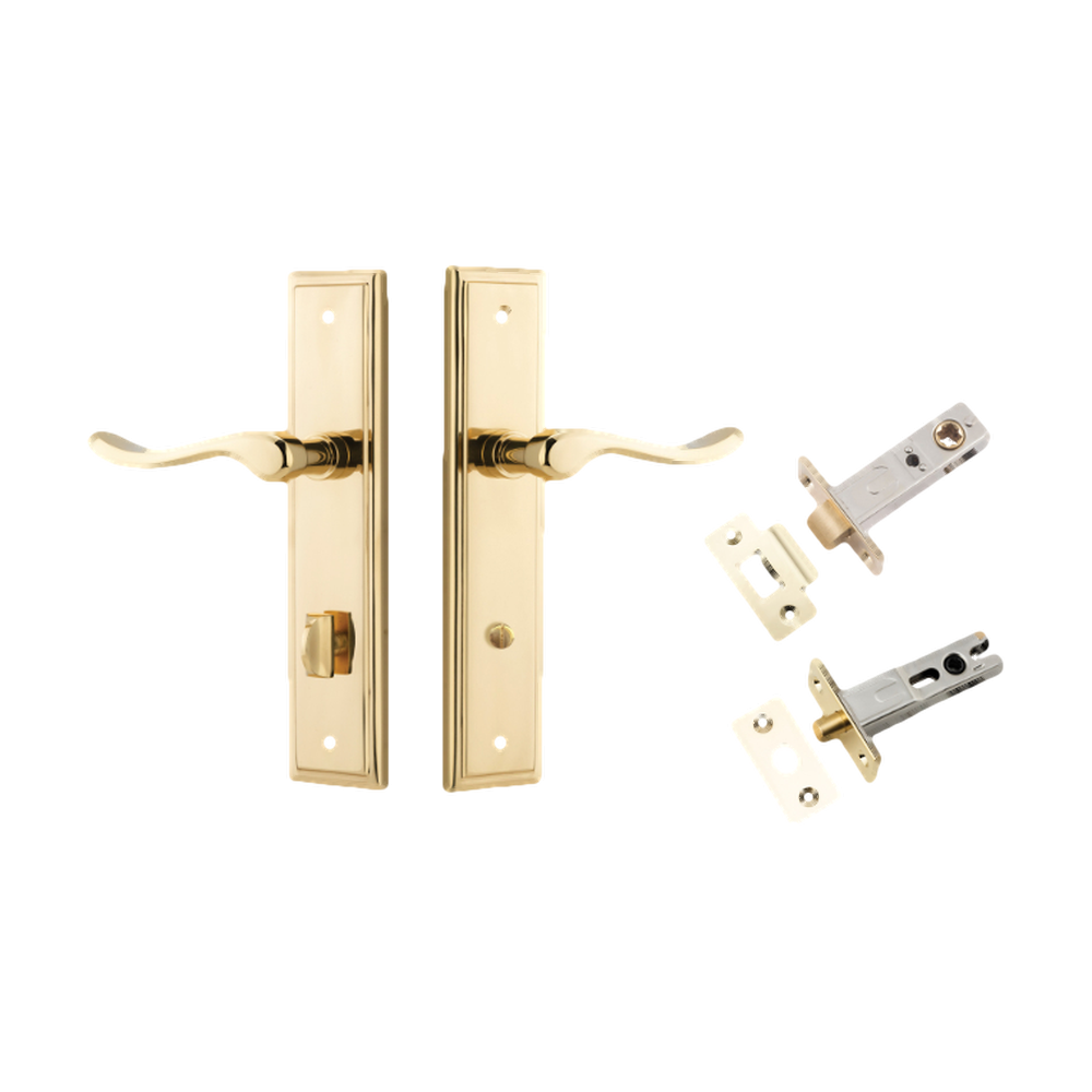 Door Lever Stirling Stepped Privacy Pair Polished Brass CTC85mm H237xW50xP64mm Privacy Kit Tube Latch Split Cam 'T' Striker Polished Brass Backset 60mm, Privacy Bolt Round Bolt Polished Brass Backset 60mm in Polished Brass