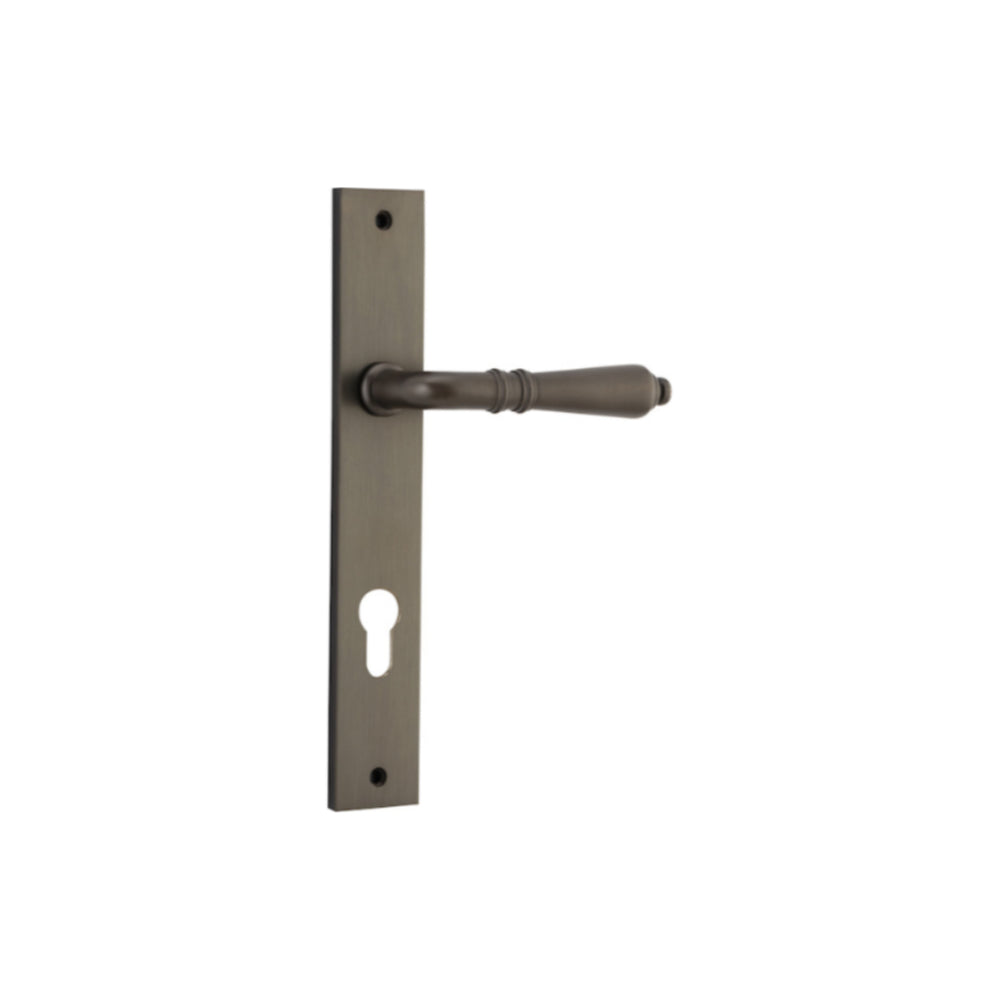 Pair of Iver Sarlat lever handles on rectangular backplates, showcasing elegant door hardware with brass finish and detailed design.