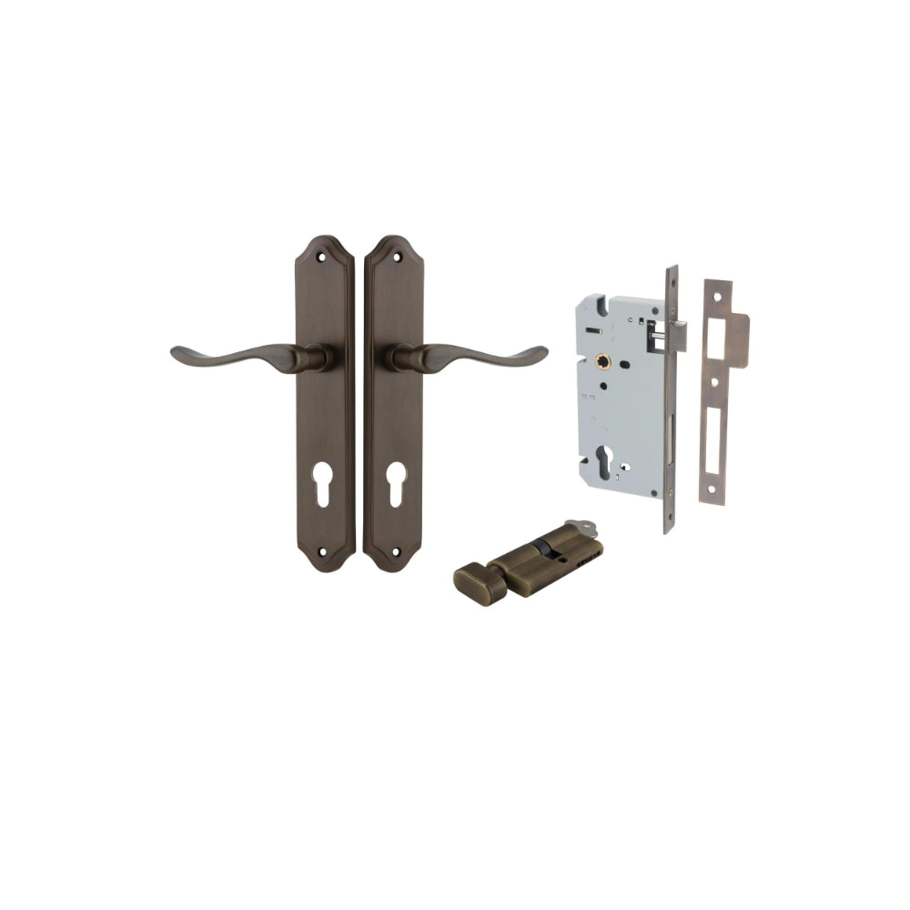 Door Lever Sarlat Rectangular Euro Signature Brass CTC85mm H240xW38xP55mm Entrance Kit, Mortice Lock Euro Signature Brass CTC85mm Backset 60mm, Euro Cylinder Key Thumb 6 Pin Signature Brass L70mm KA1 in Signature Brass