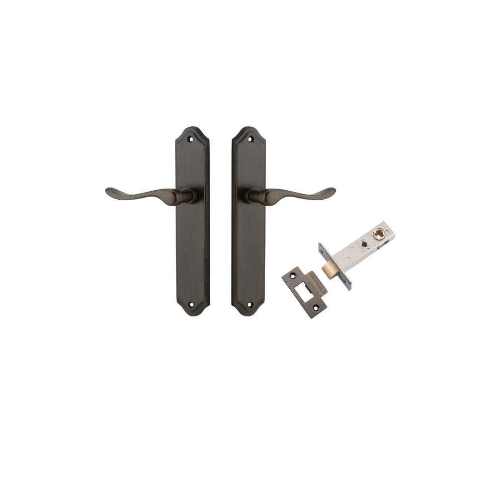 Pair of Iver Sarlat lever door handles on rectangular backplates, featuring a sleek black finish and modern design.