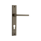 Pair of Iver Baltimore lever door handles on rectangular backplates, featuring sleek metal finish and modern design.