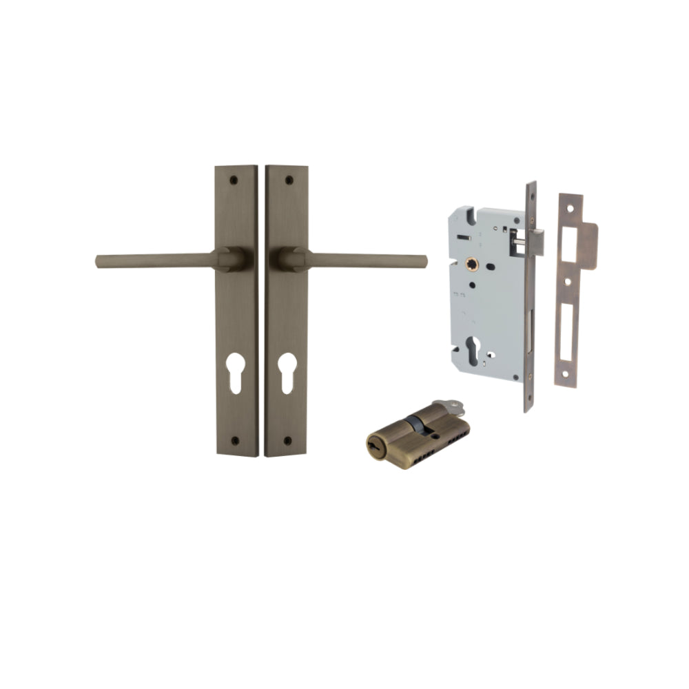 Pair of Iver Baltimore lever door handles on rectangular backplates, featuring sleek modern design in a polished finish.