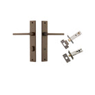 Pair of Iver Baltimore lever door handles on rectangular backplates, featuring sleek metal design and modern finish.