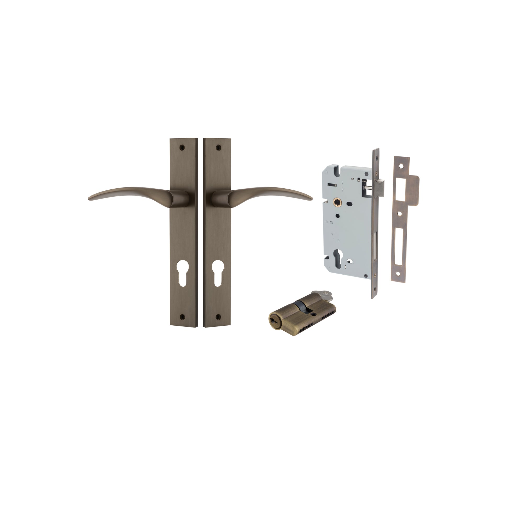 Door Lever Oxford Rectangular Euro Signature Brass CTC85mm H240xW38xP60mm Entrance Kit, Mortice Lock Euro Signature Brass CTC85mm Backset 60mm, Euro Cylinder Dual Function 5 Pin Signature Brass L65mm KA1 in Signature Brass