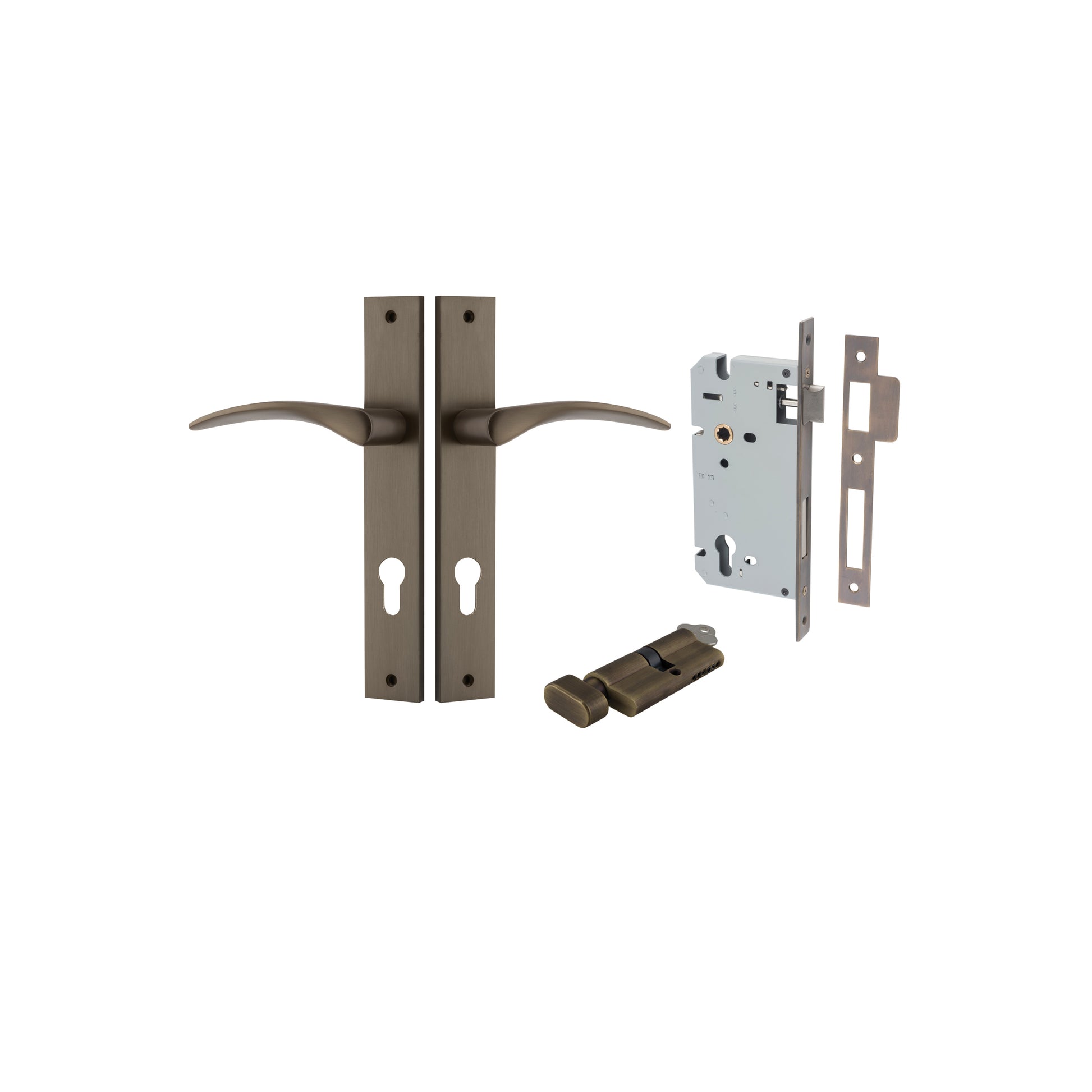 Door Lever Oxford Rectangular Euro Signature Brass CTC85mm H240xW38xP60mm Entrance Kit, Mortice Lock Euro Signature Brass CTC85mm Backset 60mm, Euro Cylinder Key Thumb 6 Pin Signature Brass L70mm KA1 in Signature Brass