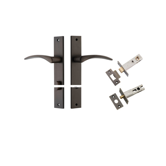 Door Lever Oxford Rectangular Privacy Signature Brass CTC85mm H240xW38xP60mm Privacy Kit, Tube Latch Split Cam 'T' Striker Signature Brass Backset 60mm, Privacy Bolt Round Bolt Signature Brass Backset 60mm in Signature Brass