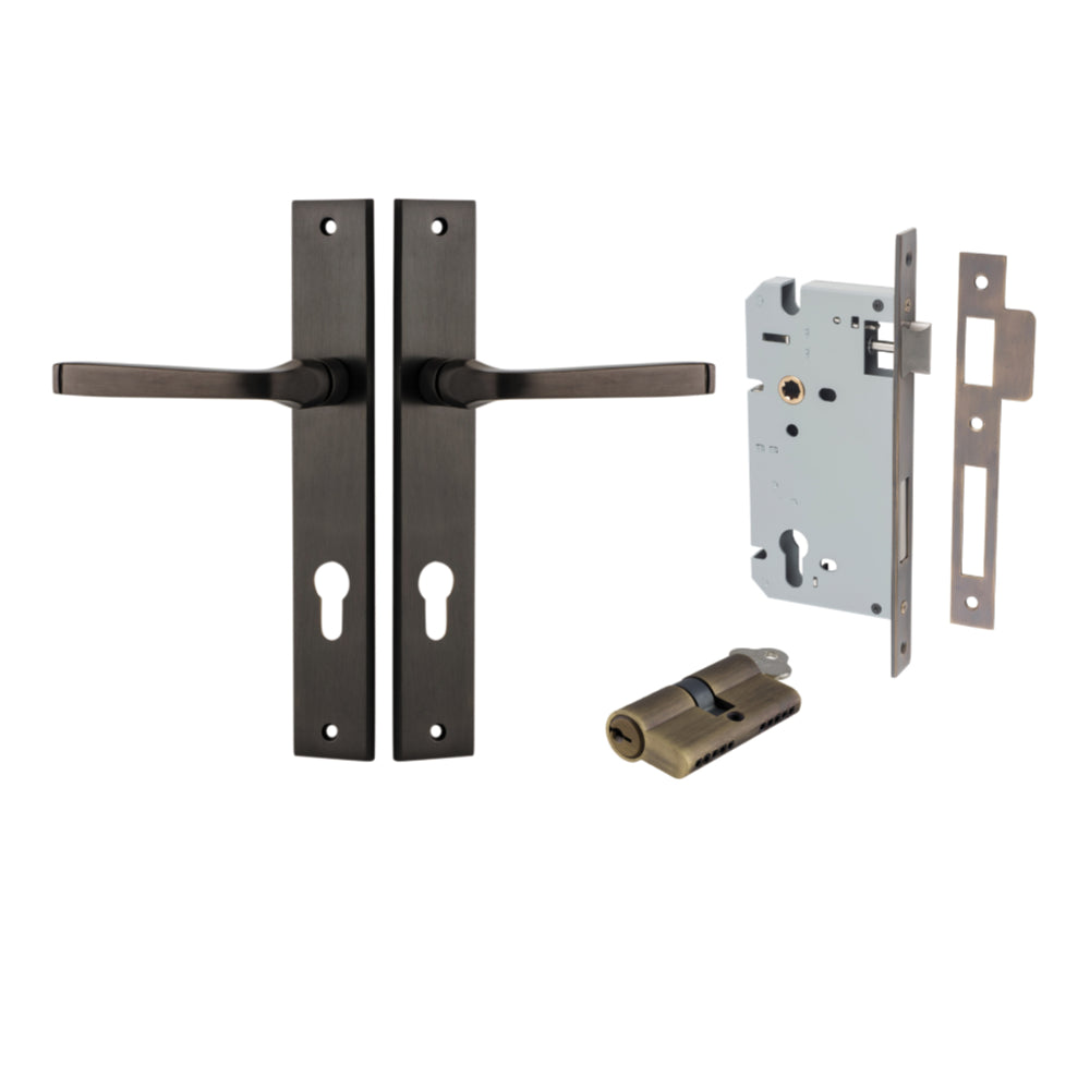 Pair of Iver Annecy lever door handles with rectangular backplates, featuring a sleek, modern design in a polished finish.