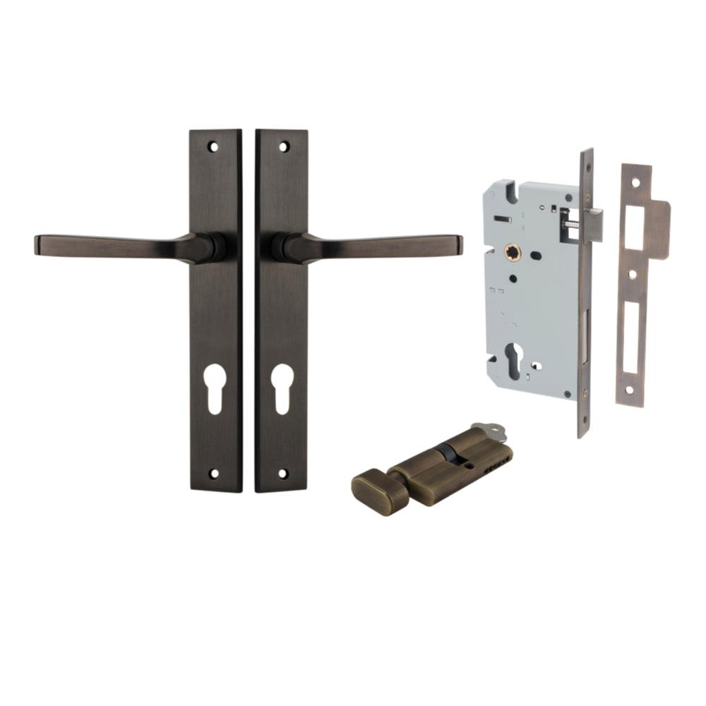 Pair of Iver Annecy lever door handles with rectangular backplates, featuring sleek modern design in a polished finish.
