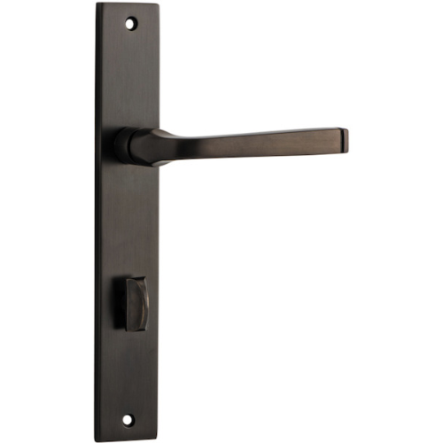 Pair of Iver Annecy lever door handles on rectangular backplates, featuring modern design and brushed finish.
