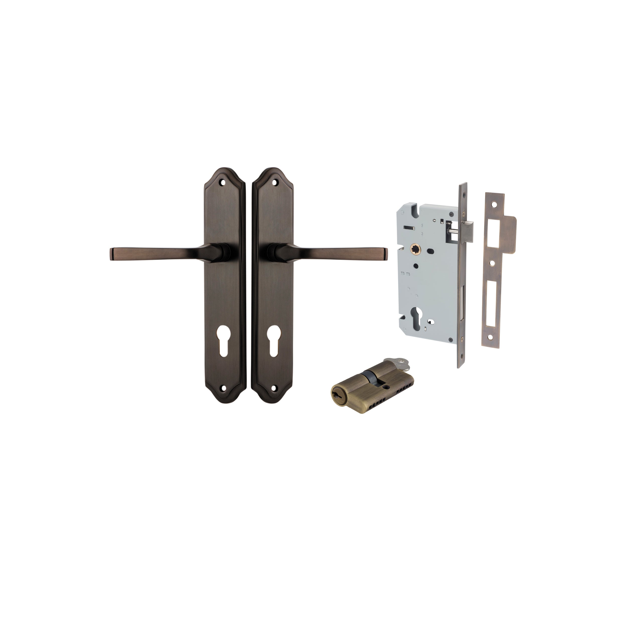 Pair of Iver Annecy lever handles on shouldered backplates, featuring a sleek, modern design for interior door hardware.