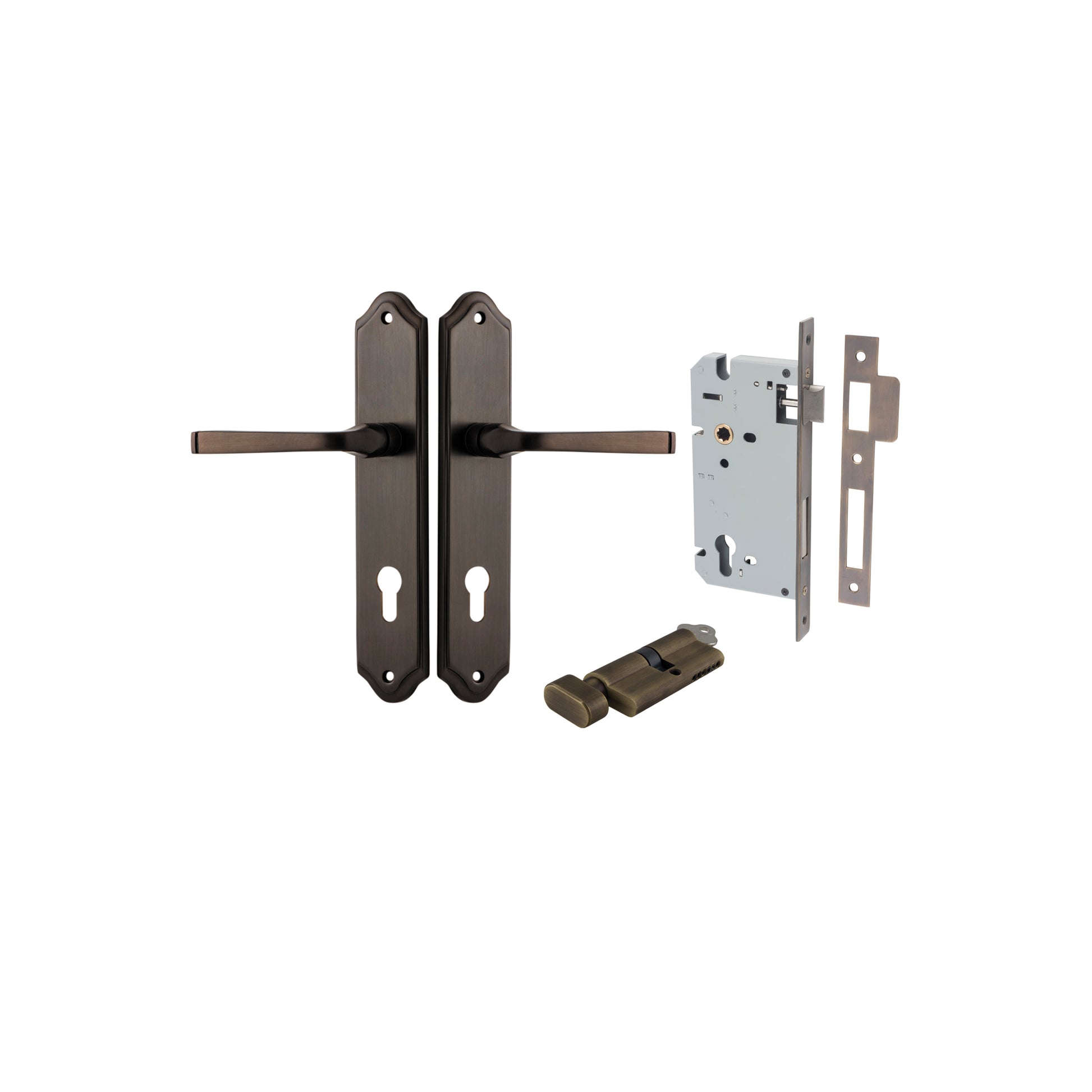 Door Lever Annecy Shouldered Euro Signature Brass CTC85mm H240xW50xP65mm Entrance Kit, Mortice Lock Euro Signature Brass CTC85mm Backset 60mm, Euro Cylinder Key Thumb 6 Pin Signature Brass L70mm KA1 in Signature Brass
