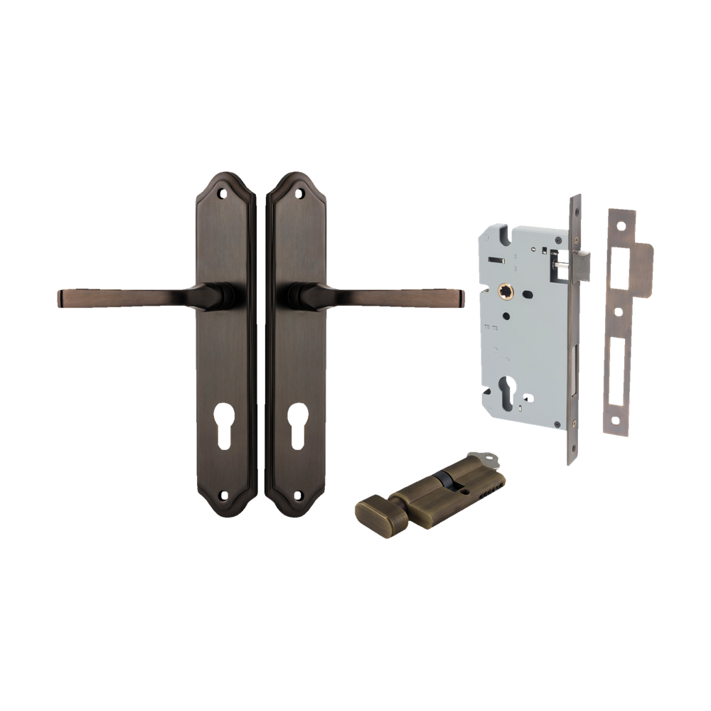 Door Lever Annecy Shouldered Euro Signature Brass CTC85mm H240xW50xP65mm Entrance Kit Mortice Lock Euro Signature Brass CTC85mm Backset 60mm, Euro Cylinder Key Thumb 6 Pin Signature Brass L70mm KA1 in Signature Brass