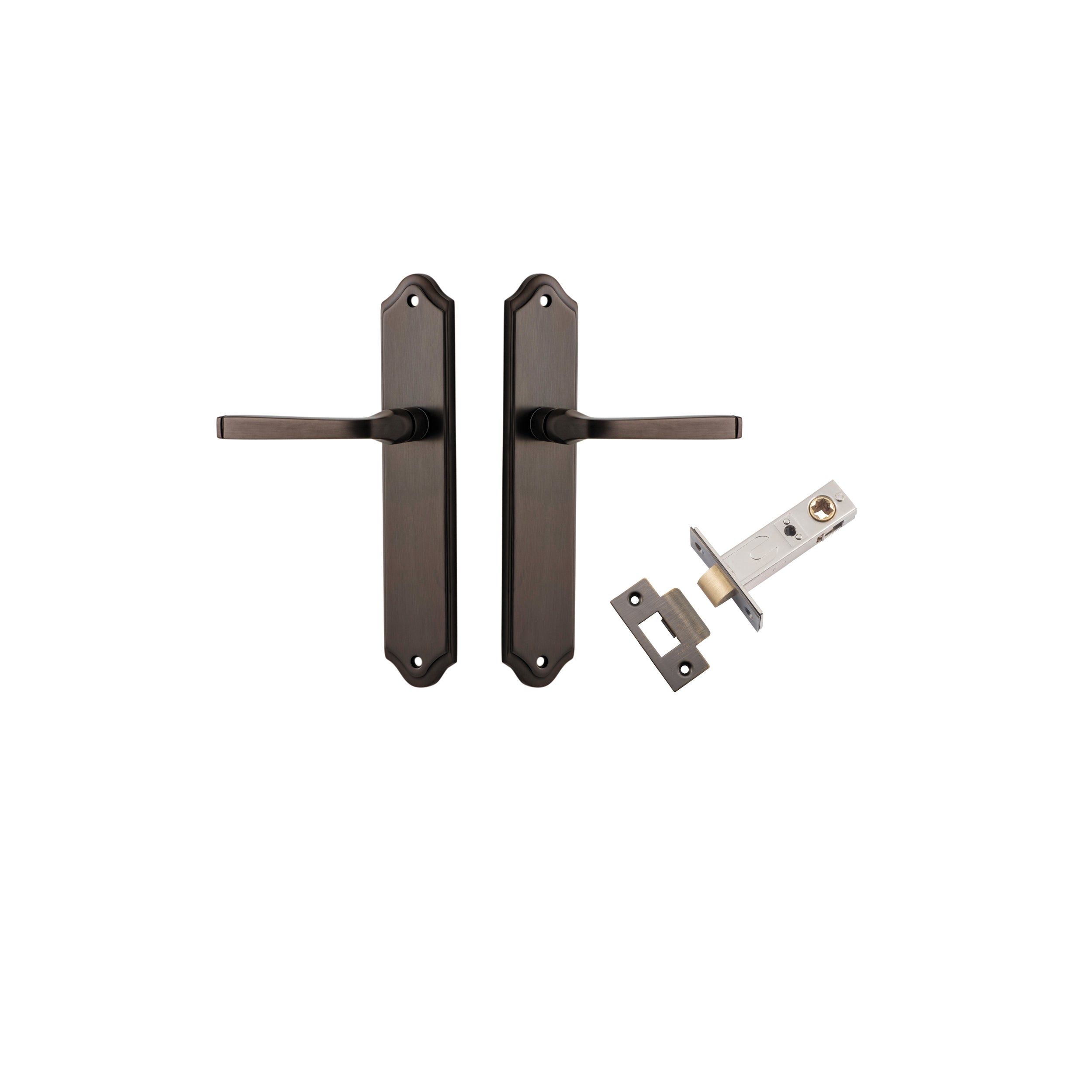 Pair of Iver Annecy lever handles on shouldered backplates, with a sleek, modern design for door hardware.