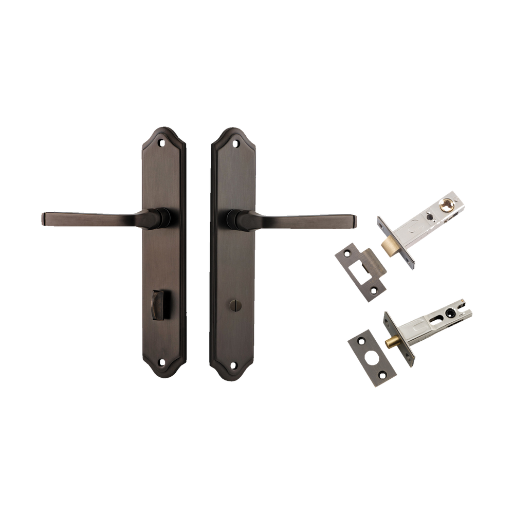 Door Lever Annecy Shouldered Privacy Signature Brass CTC85mm H240xW50xP65mm Inbuilt Privacy Kit Tube Latch Split Cam 'T' Striker Signature Brass Backset 60mm, Privacy Bolt Round Bolt Signature Brass Backset 60mm in Signature Brass