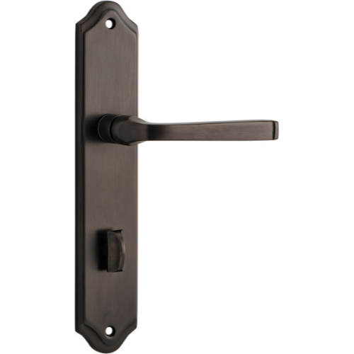 Pair of Iver Annecy lever on shouldered backplate door handles with a polished finish, designed for elegant interior doors.