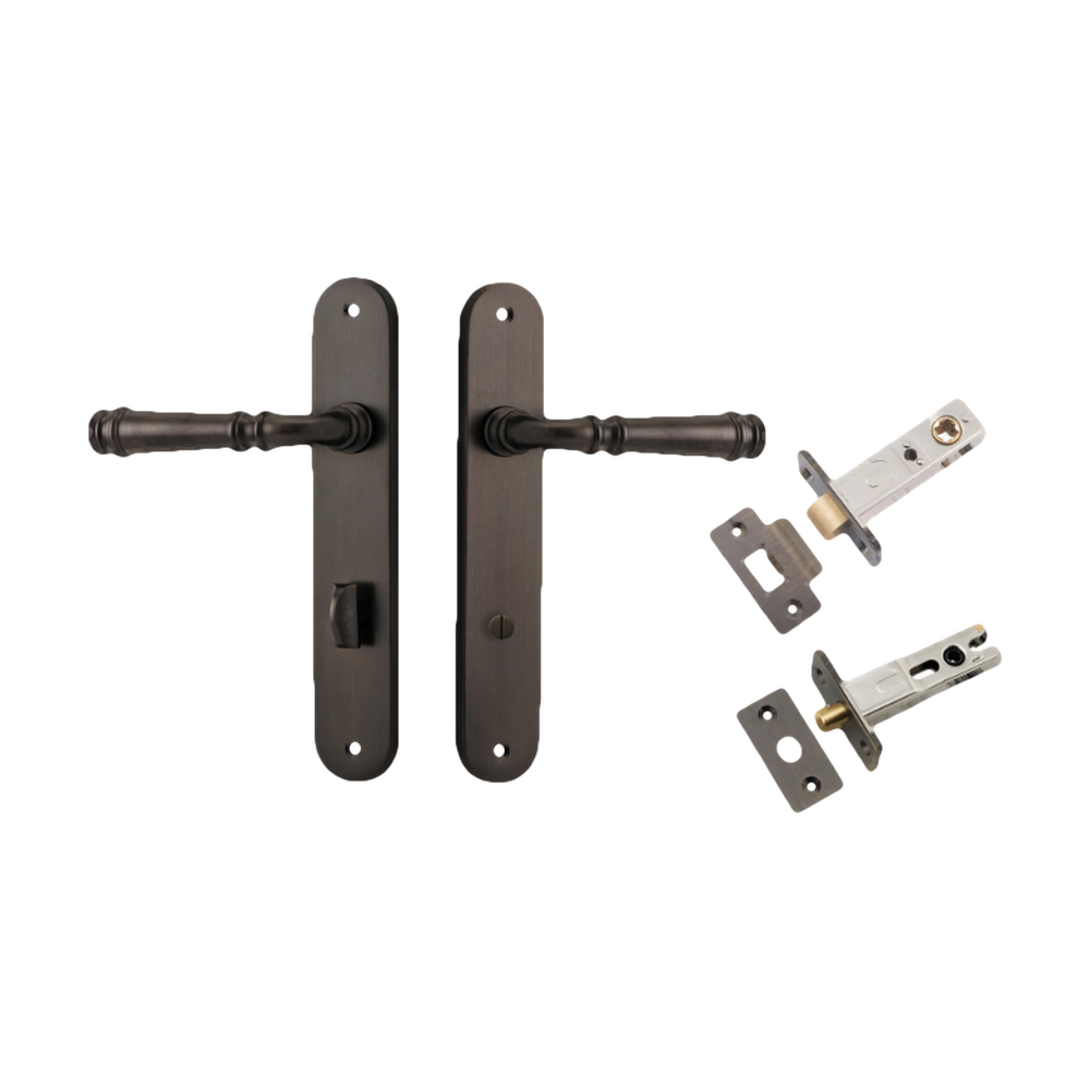 Door Lever Verona Oval Privacy Signature Brass CTC85mm H240xW40xP59mm Inbuilt Privacy Kit Tube Latch Split Cam 'T' Striker Signature Brass Backset 60mm, Privacy Bolt Round Bolt Signature Brass Backset 60mm in Signature Brass