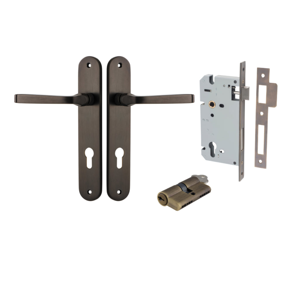 Door Lever Annecy Oval Euro Signature Brass CTC85mm H240xW40xP62mm Entrance Kit, Mortice Lock Euro Signature Brass CTC85mm Backset 60mm, Euro Cylinder Dual Function 5 Pin Signature Brass L65mm KA1 in Signature Brass