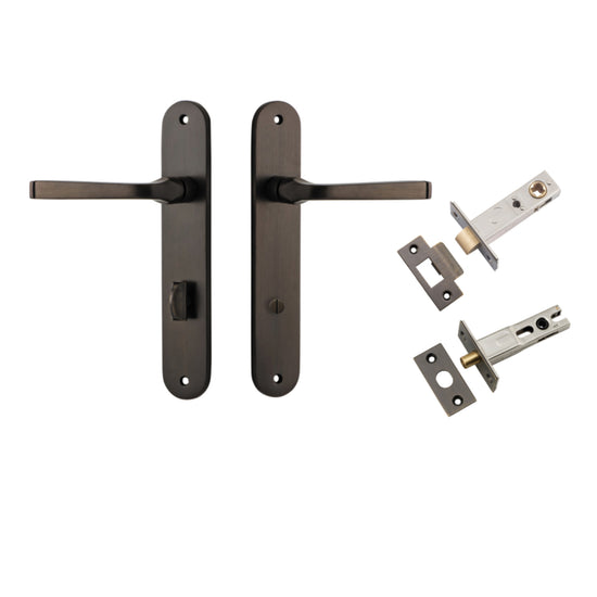 Door Lever Annecy Oval Privacy Signature Brass CTC85mm H240xW40xP62mm Inbuilt Privacy Kit, Tube Latch Split Cam 'T' Striker Signature Brass Backset 60mm, Privacy Bolt Round Bolt Signature Brass Backset 60mm in Signature Brass