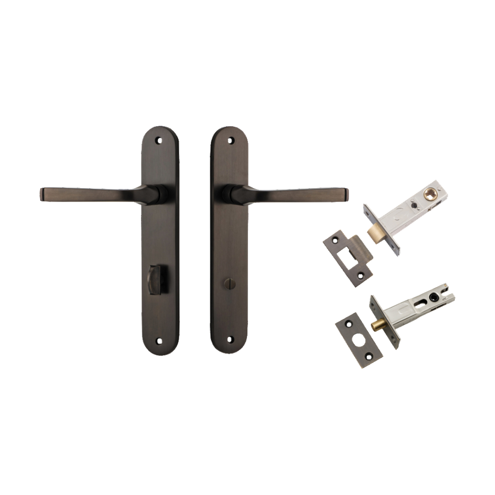 Door Lever Annecy Oval Privacy Signature Brass CTC85mm H240xW40xP62mm Inbuilt Privacy Kit Tube Latch Split Cam 'T' Striker Signature Brass Backset 60mm, Privacy Bolt Round Bolt Signature Brass Backset 60mm in Signature Brass