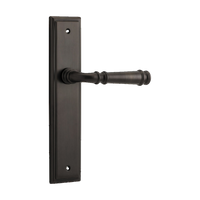 Pair of Iver Verona lever handles on stepped backplates, architectural hardware with a sleek, modern design.