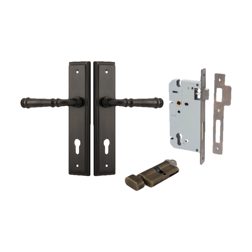 Door Lever Verona Stepped Euro Signature Brass CTC85mm H240xW50xP59mm Entrance Kit Mortice Lock Euro Signature Brass CTC85mm Backset 60mm, Euro Cylinder Key Thumb 6 Pin Signature Brass L70mm KA1 in Signature Brass