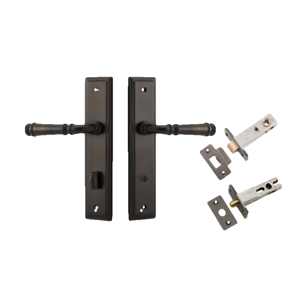 Door Lever Verona Stepped Privacy Signature Brass CTC85mm H240xW50xP59mm Inbuilt Privacy Kit Tube Latch Split Cam 'T' Striker Signature Brass Backset 60mm, Privacy Bolt Round Bolt Signature Brass Backset 60mm in Signature Brass