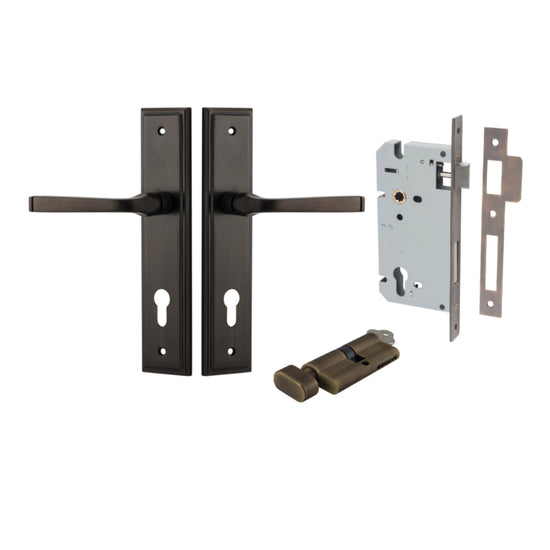 Door Lever Annecy Stepped Euro Signature Brass CTC85mm H240xW50xP65mm Entrance Kit, Mortice Lock Euro Signature Brass CTC85mm Backset 60mm, Euro Cylinder Key Thumb 6 Pin Signature Brass L70mm KA1 in Signature Brass