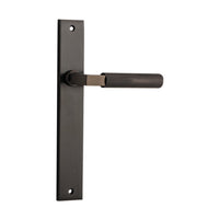 Pair of Iver Brunswick lever door handles with rectangular backplates, featuring a sleek, modern design in a polished finish.