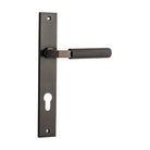 Pair of Iver Brunswick lever door handles on rectangular backplates, showcasing polished metal finish and modern design.