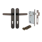 Pair of Iver Bronte lever handles on oval backplates, featuring a sleek black finish and modern design for stylish door hardware.