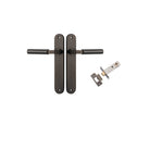 Pair of Iver Berlin lever door handles on oval backplates, showcasing sleek metal finish and modern design for interior doors.