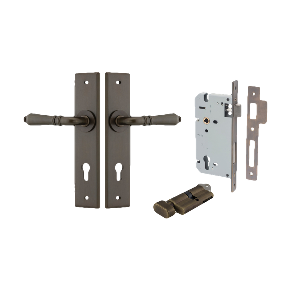 Door Lever Sarlat Chamfered Euro Pair Signature Brass CTC85mm L111xP55mm BPH240xW50mm Mortice Lock Euro Signature Brass CTC85mm Backset 60mm, Euro Cylinder Key Thumb 5 Pin Signature Brass 65mm KA4 in Signature Brass