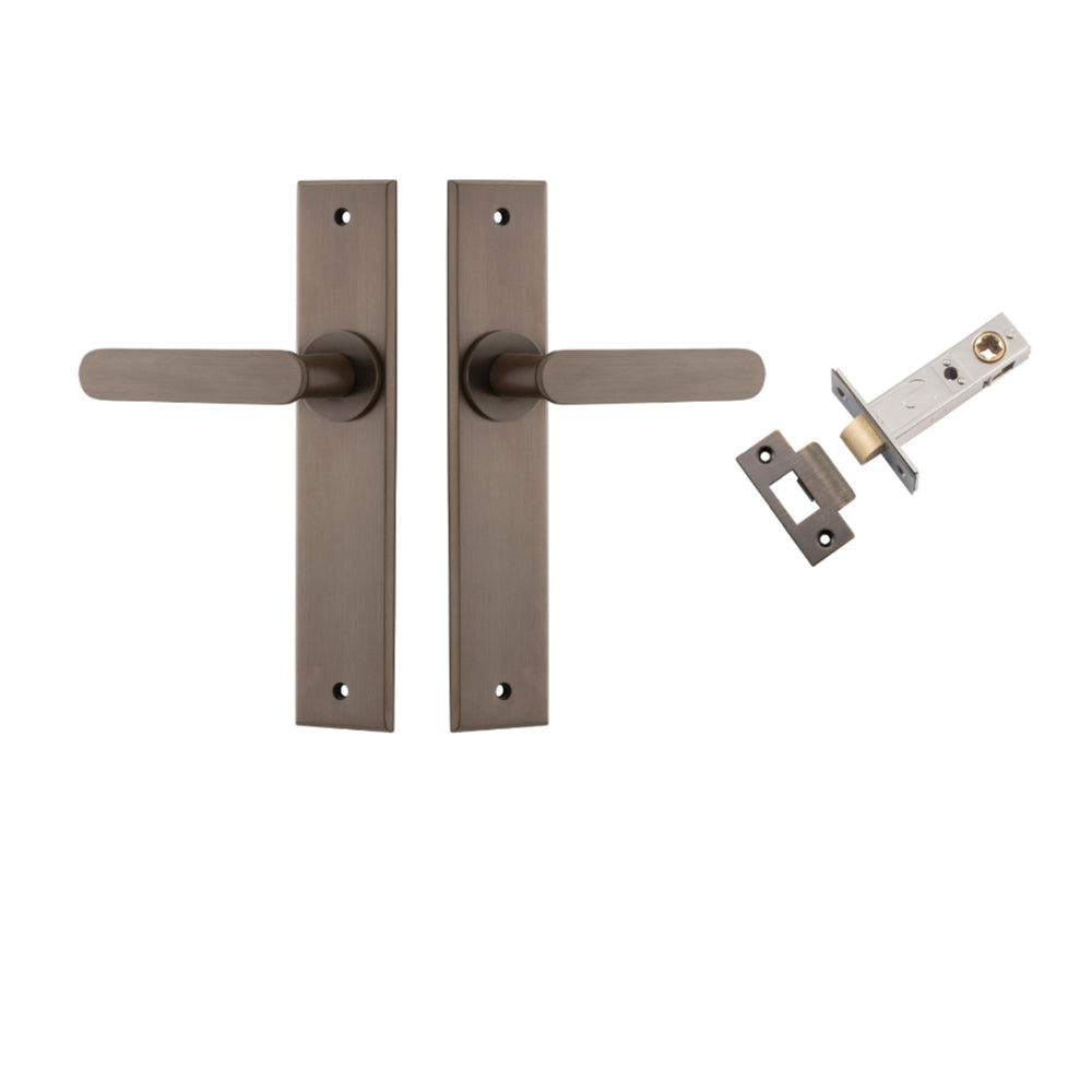 Door Lever Bronte Chamfered Signature Brass L117xP55mm BPH240xW50mm Passage Kit, Tube Latch Split Cam 'T' Striker Signature Brass Backset 60mm in Signature Brass